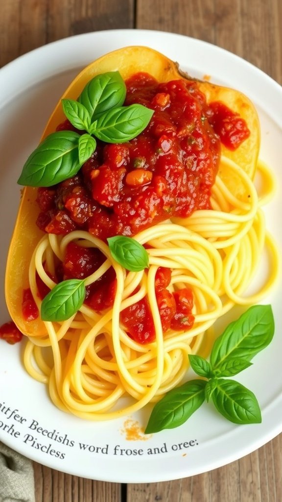 A plate of spaghetti squash topped with marinara sauce and fresh basil.