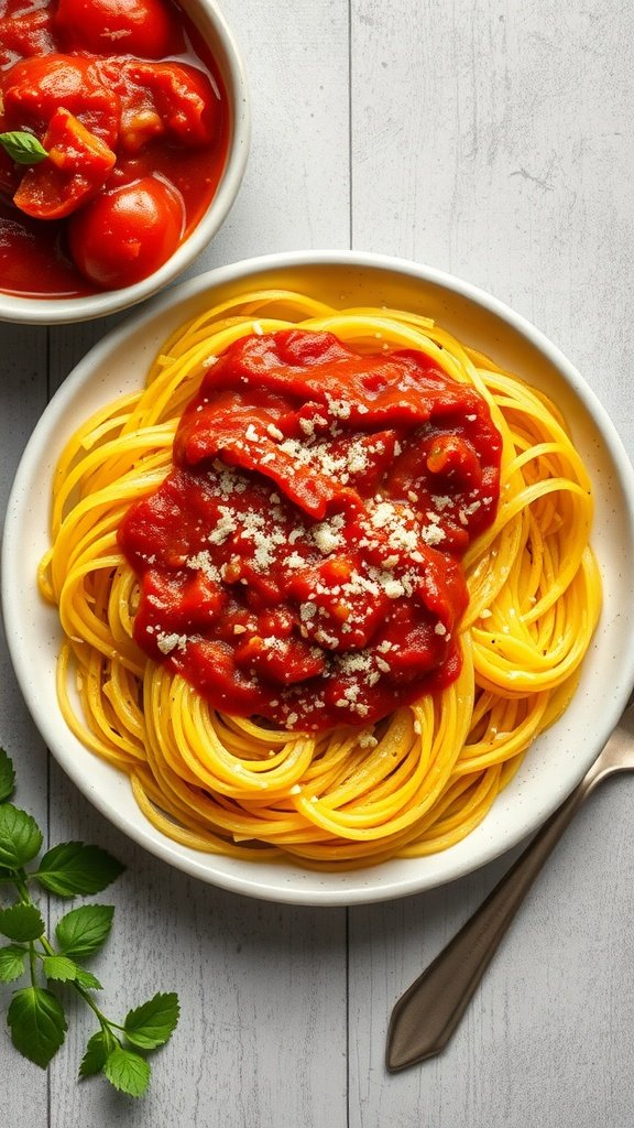 Spaghetti squash served with marinara sauce and garnished with herbs.