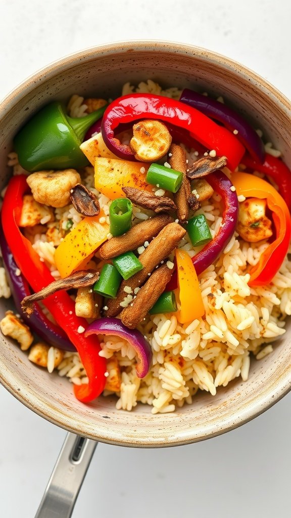 A vibrant bowl of spicy cauliflower rice stir-fry with colorful peppers and sesame seeds.