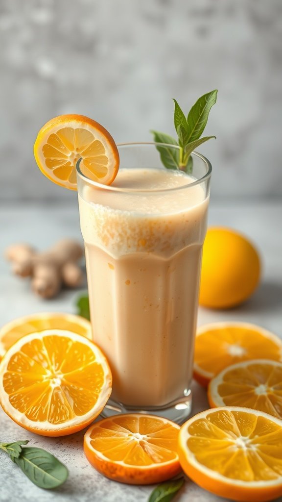 A refreshing Spicy Ginger Citrus Smoothie garnished with a lemon slice and mint.