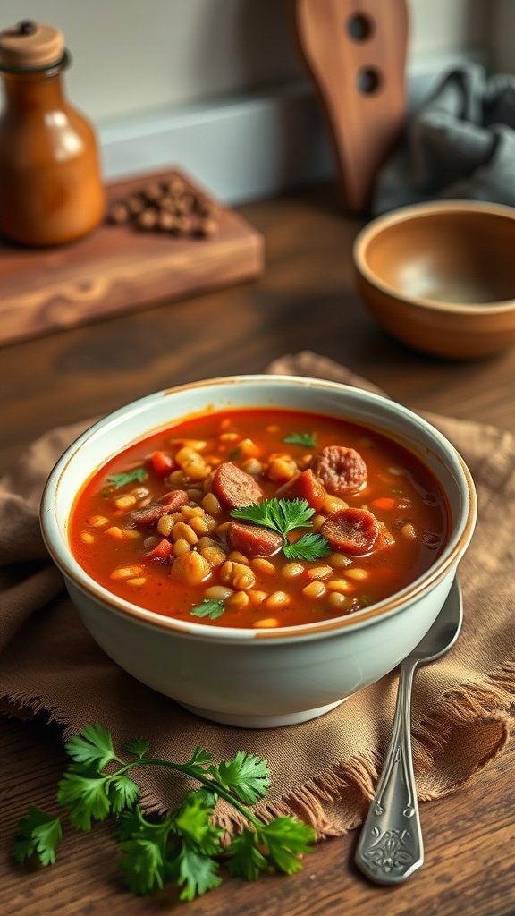 A bowl of spicy kielbasa and lentil soup topped with fresh herbs.