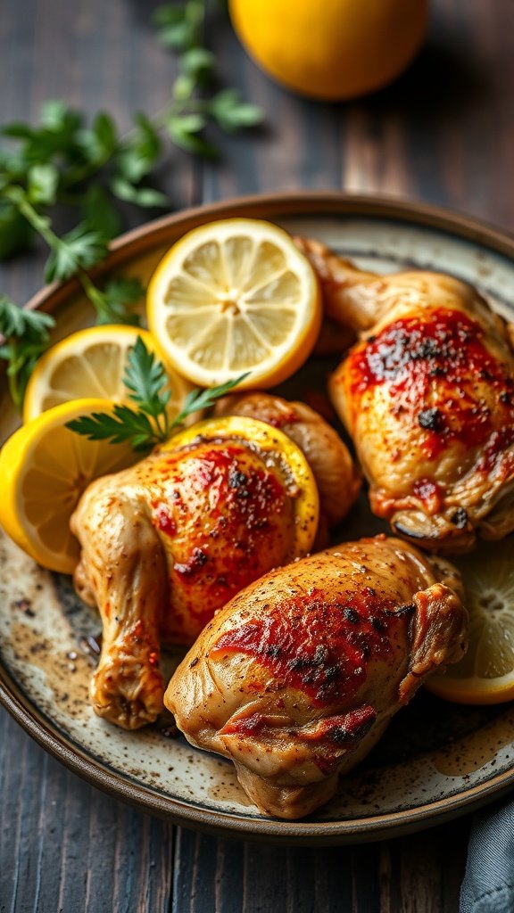 Spicy Lemon-Paprika Roasted Chicken Thighs served with lemon slices.