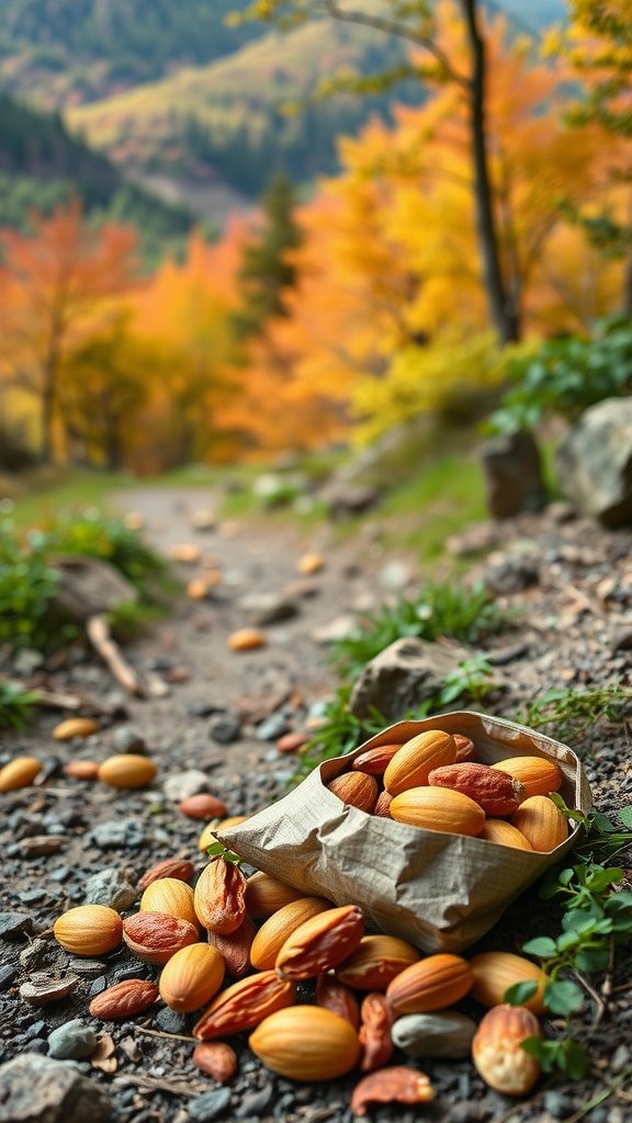 A mix of spicy roasted nuts in a rustic setting, showcasing the vibrant colors and textures of the nuts.