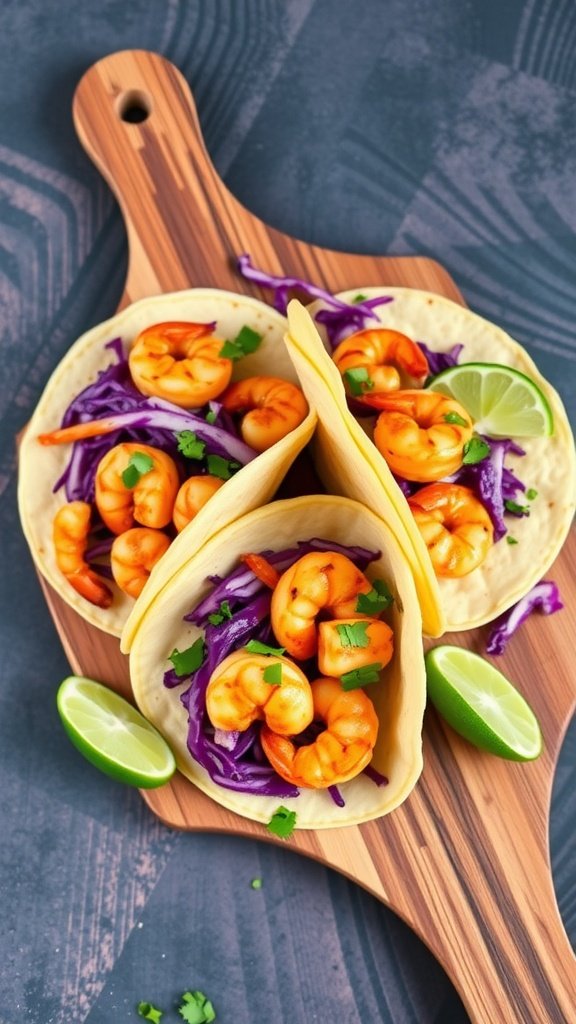 Spicy shrimp tacos with cabbage slaw and lime wedges.