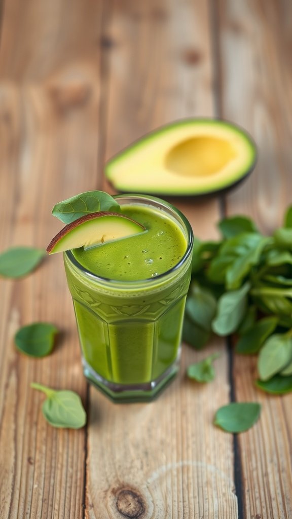 A refreshing green smoothie made with spinach and avocado, served in a glass with a slice of avocado on the rim.