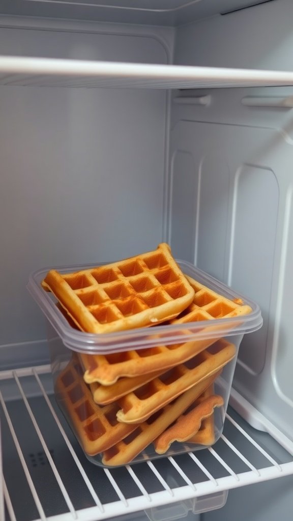 A container of waffles stored in a refrigerator