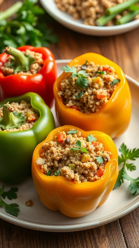 Stuffed bell peppers filled with ground turkey and quinoa, garnished with fresh herbs.