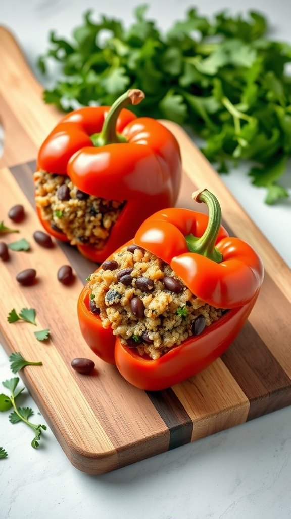 Stuffed bell peppers filled with quinoa and beans on a wooden cutting board