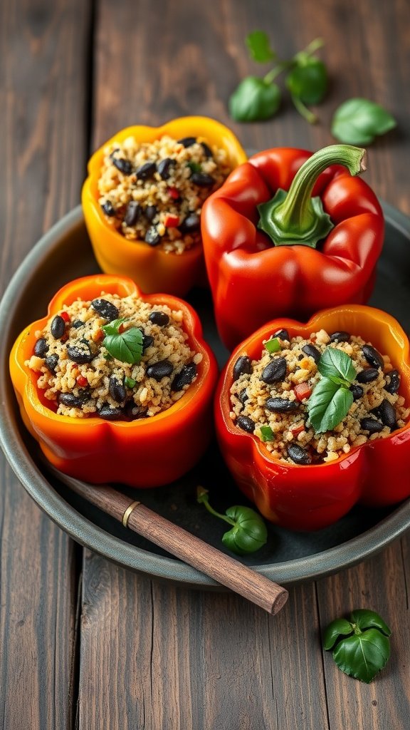 Colorful stuffed bell peppers filled with quinoa and black beans