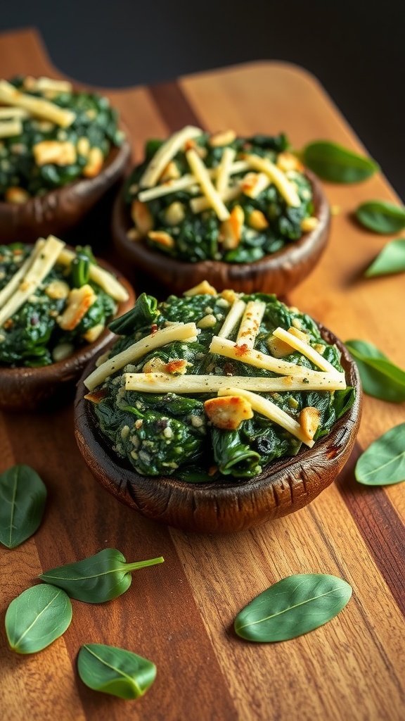 Stuffed portobello mushrooms filled with spinach and cheese on a wooden surface.