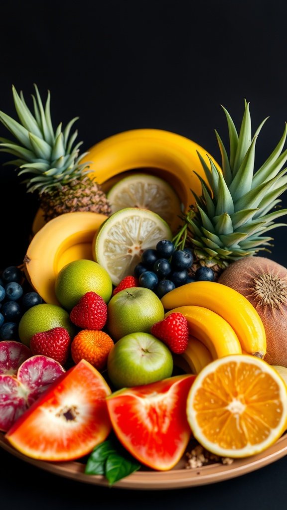 A vibrant fruit platter featuring bananas, pineapples, oranges, and various berries against a dark background.