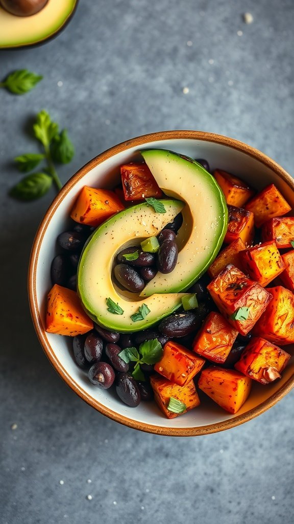 A bowl of sweet potato and black bean bowl topped with avocado slices and cilantro.