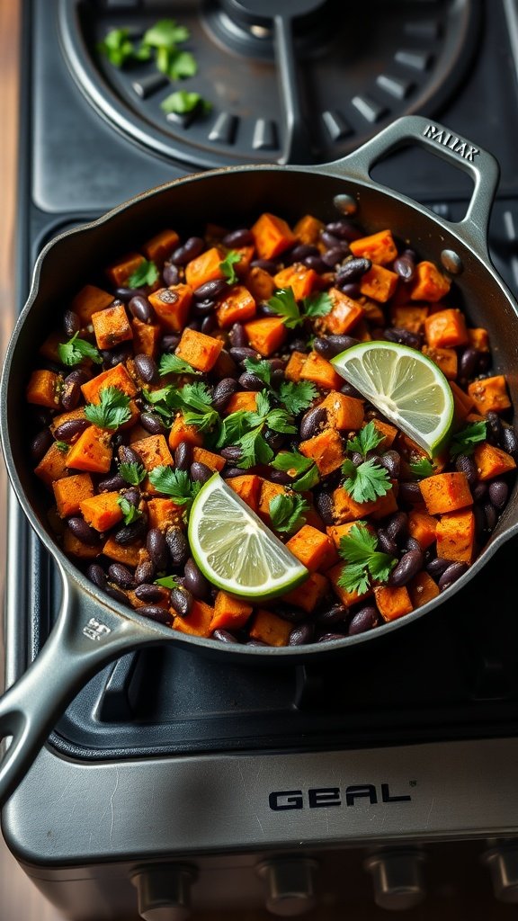 A colorful sweet potato and black bean hash with lime and cilantro.