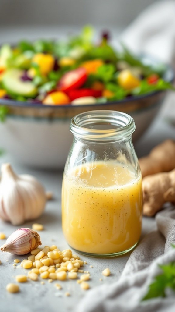 A jar of tangy rice vinegar dressing surrounded by fresh ingredients.