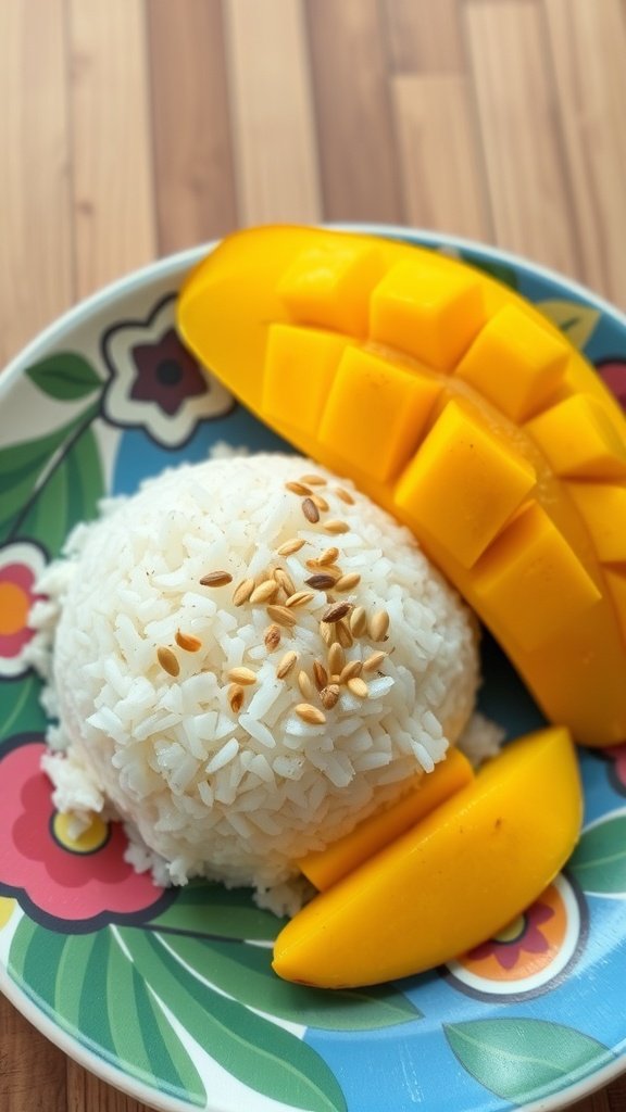 A plate of Thai coconut sticky rice with mango slices
