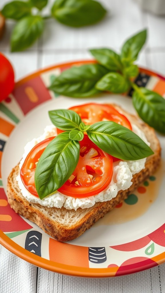 Open-faced sandwich with cottage cheese, sliced tomatoes, and fresh basil on a colorful plate.