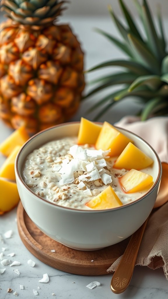 Bowl of tropical coconut chia oats topped with fresh pineapple and shredded coconut.