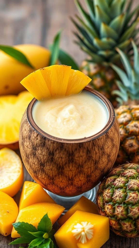 A refreshing Tropical Mango Pineapple Smoothie topped with a slice of pineapple.