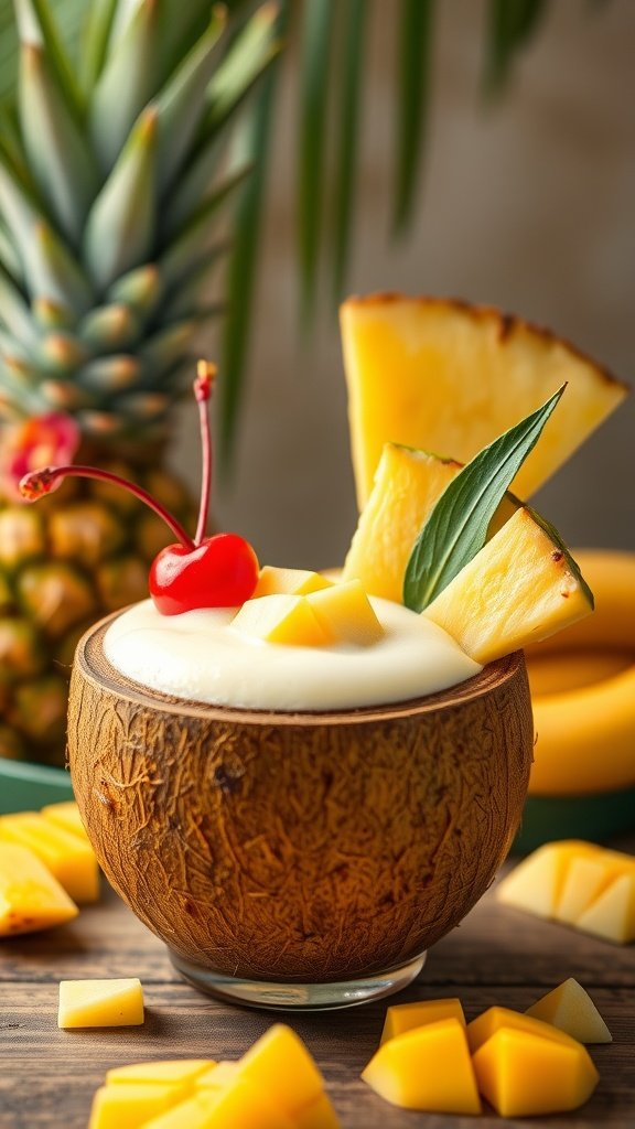 A tropical mango pineapple smoothie in a coconut bowl, garnished with fruit.