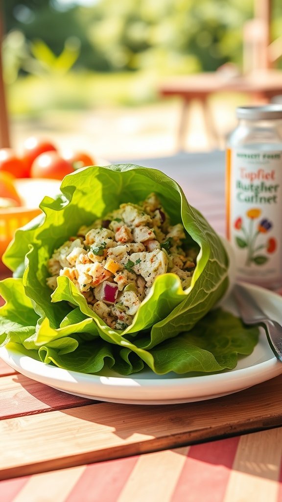 Tuna salad wrapped in lettuce leaves, garnished with vegetables