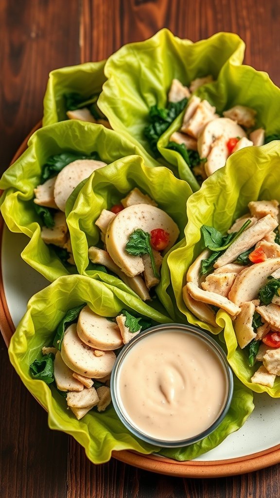 Turkey and spinach lettuce wraps with dressing on a plate