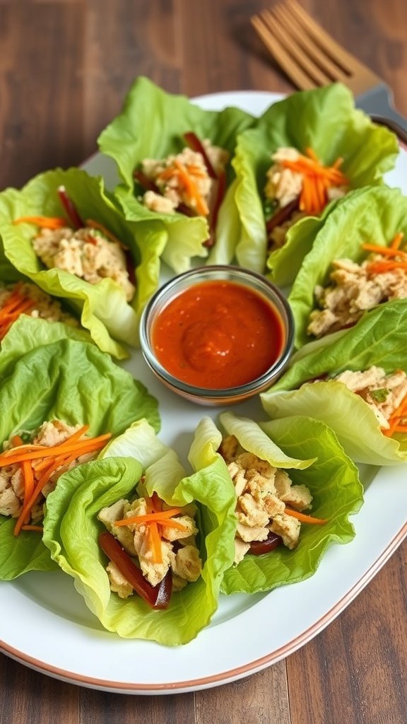 Turkey and vegetable lettuce wraps served with a dipping sauce.