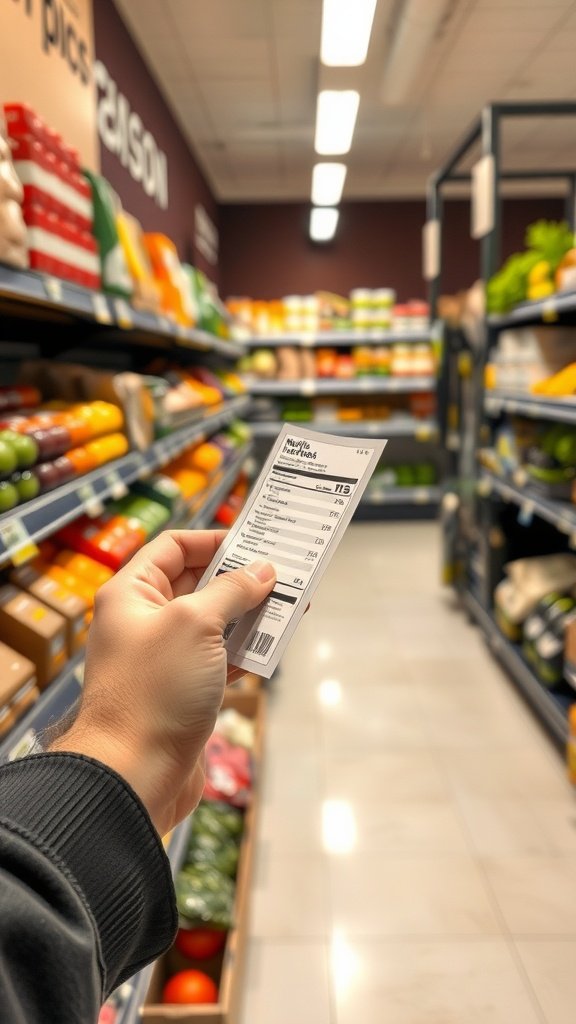 A person holding a food label in a grocery store aisle.