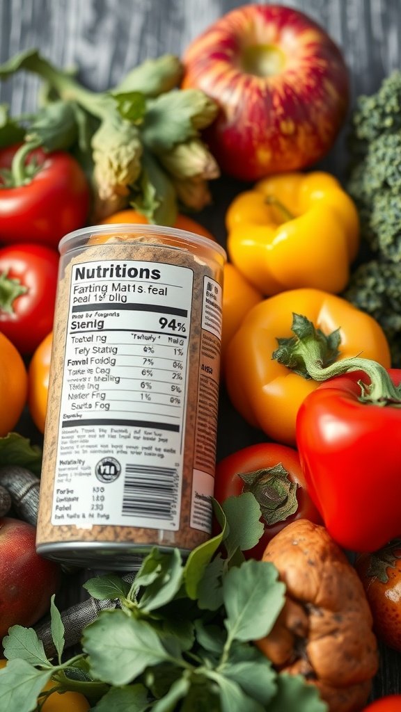 A colorful display of fresh vegetables with a nutritional label jar in the center, emphasizing the importance of nutritional information.
