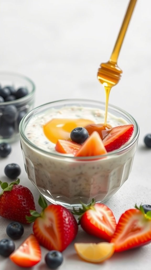 A bowl of overnight oats with strawberries, blueberries, and honey drizzle.