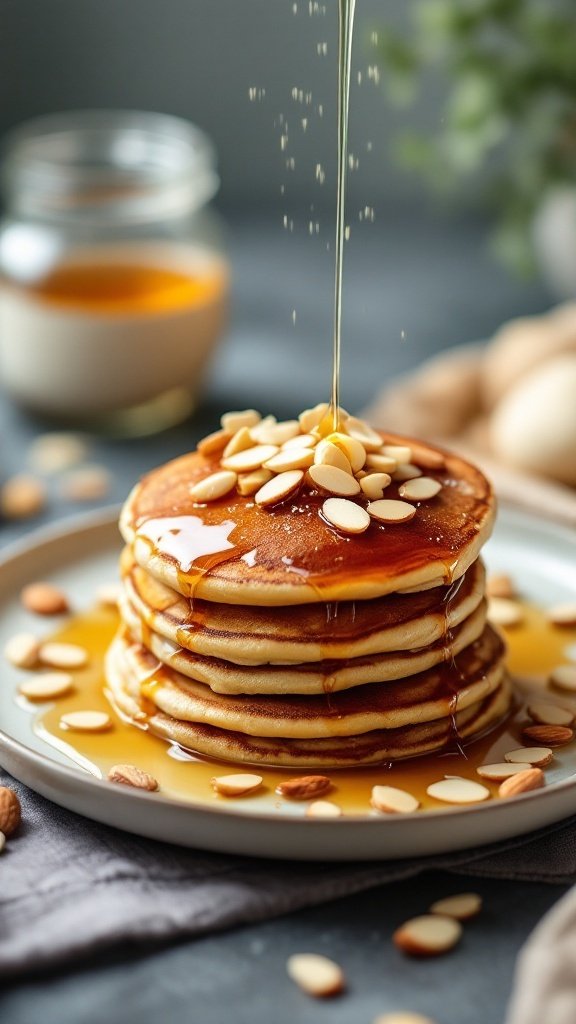 Stack of vanilla protein pancakes with honey drizzle and almond slices.