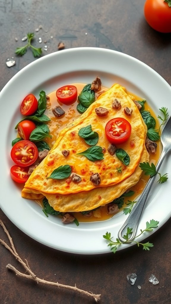 A vegetable omelette with spinach and tomatoes garnished with herbs on a plate.