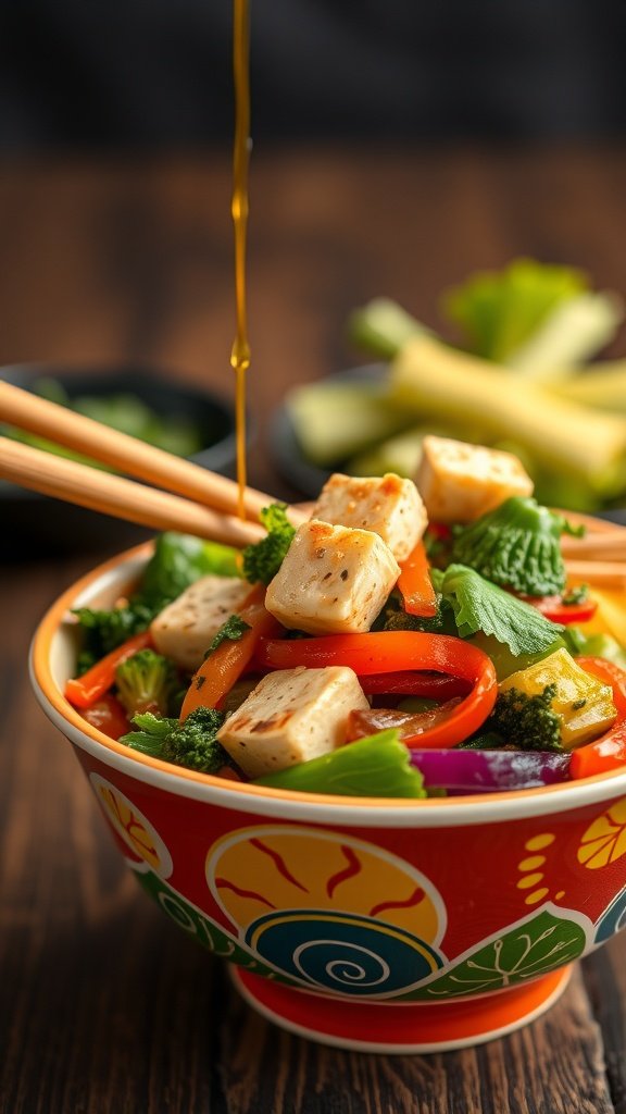 A colorful bowl of vegetable stir-fry with tofu, showcasing vibrant bell peppers, broccoli, and tofu cubes.