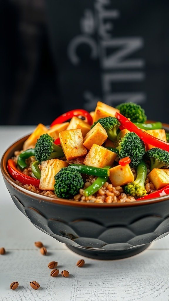 A colorful bowl of vegetable stir-fry with tofu and brown rice, featuring bell peppers and broccoli.