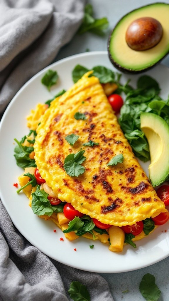 A veggie-packed omelette with spinach and tomatoes served on a plate