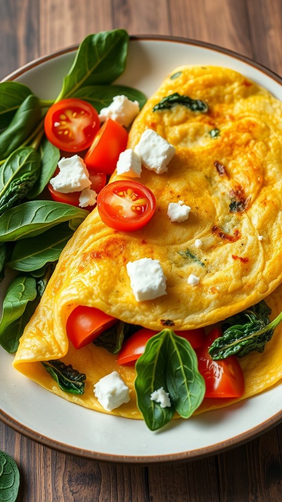 A delicious veggie omelette with feta cheese, served with fresh spinach and cherry tomatoes.