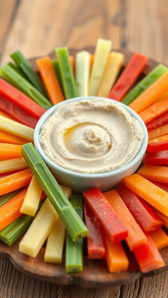 A platter of colorful veggie sticks arranged around a bowl of hummus