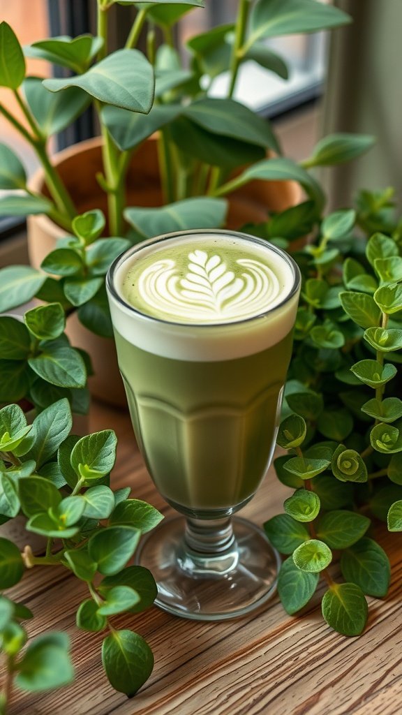 A vibrant matcha latte in a glass, surrounded by green plants on a wooden table.