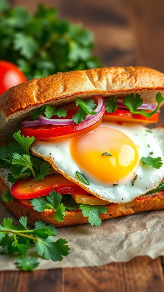 Vietnamese Banh Mi Breakfast Sandwich with egg, vegetables, and herbs.