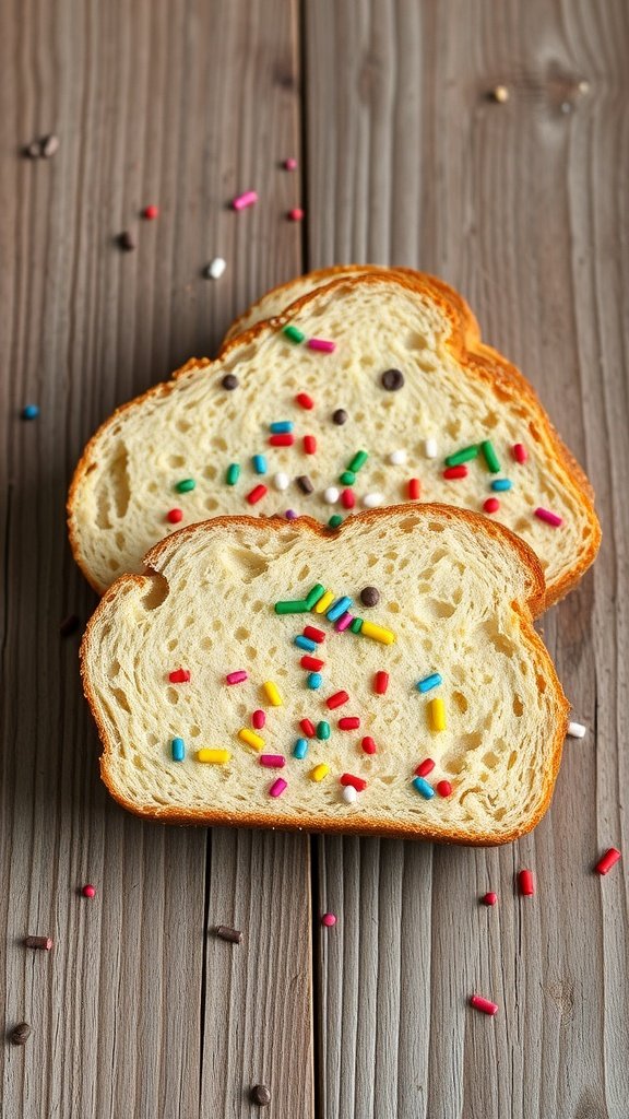 Slices of bread with colorful sprinkles on a wooden surface