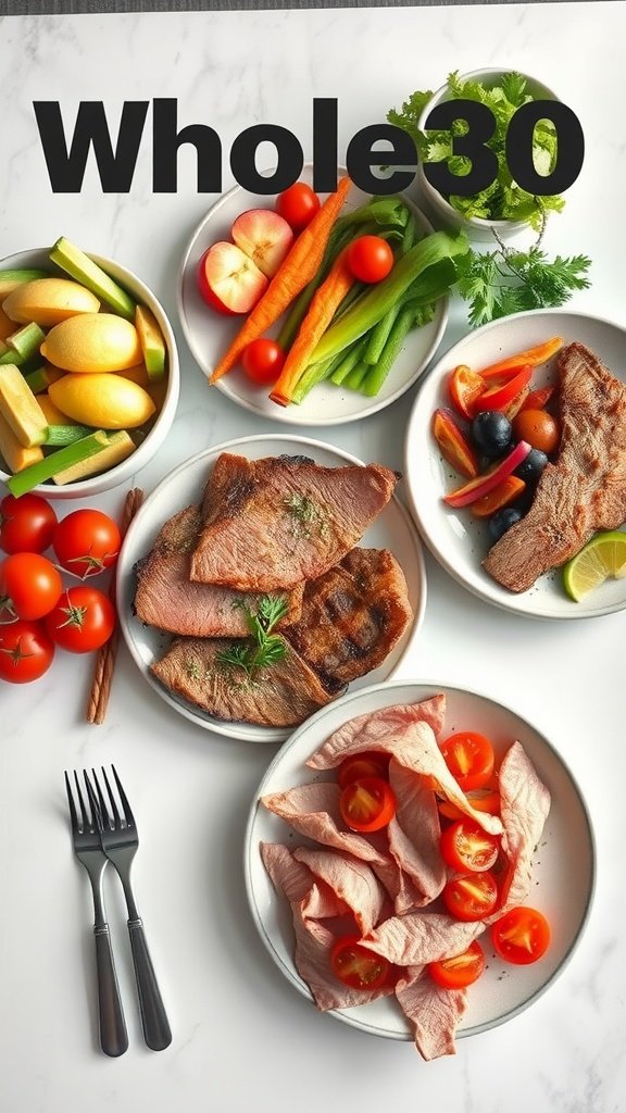 A selection of colorful vegetables and lean meats suitable for a Whole30 diet.