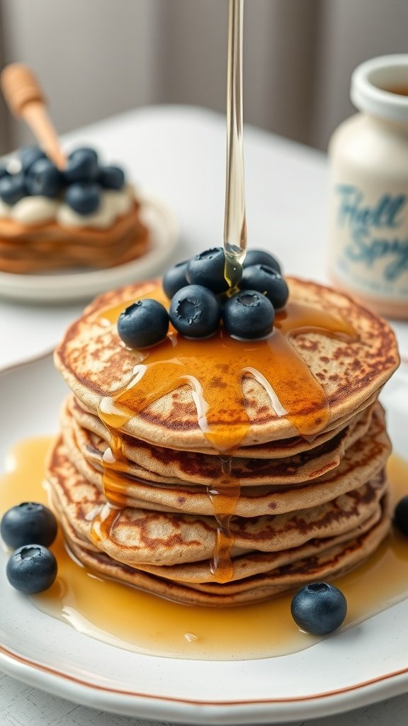 A stack of whole grain pancakes drizzled with honey and topped with blueberries.