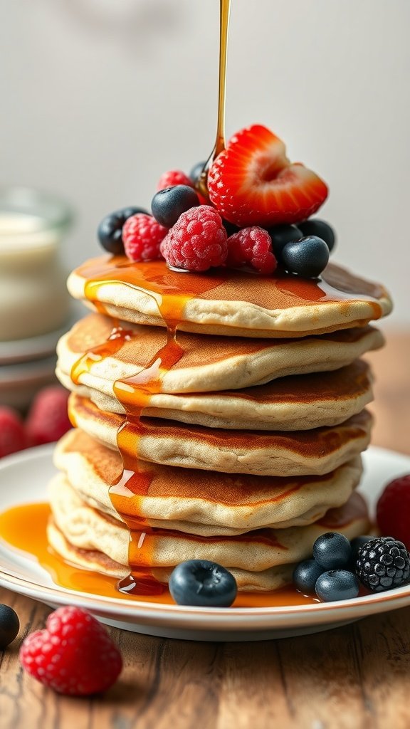 Stack of fluffy whole grain pancakes topped with fresh berries and drizzled with maple syrup.