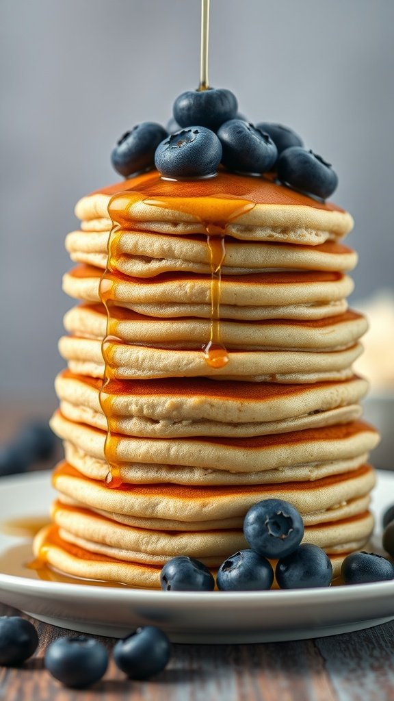 Whole grain pancakes stacked high with syrup and blueberries