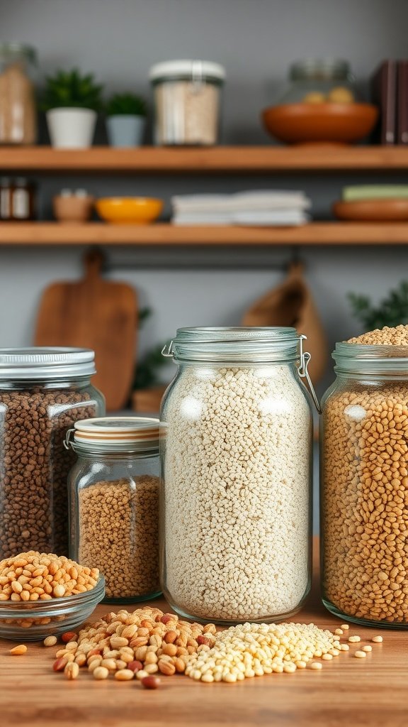 Various jars of whole grains and legumes on a wooden countertop