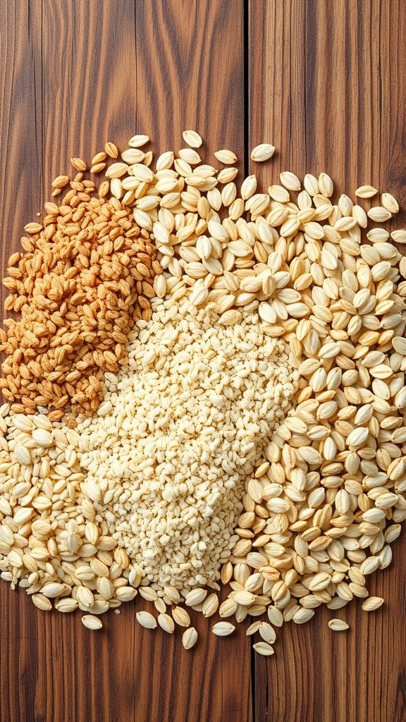 A variety of whole grains including oats, barley, and puffed rice arranged on a wooden surface.