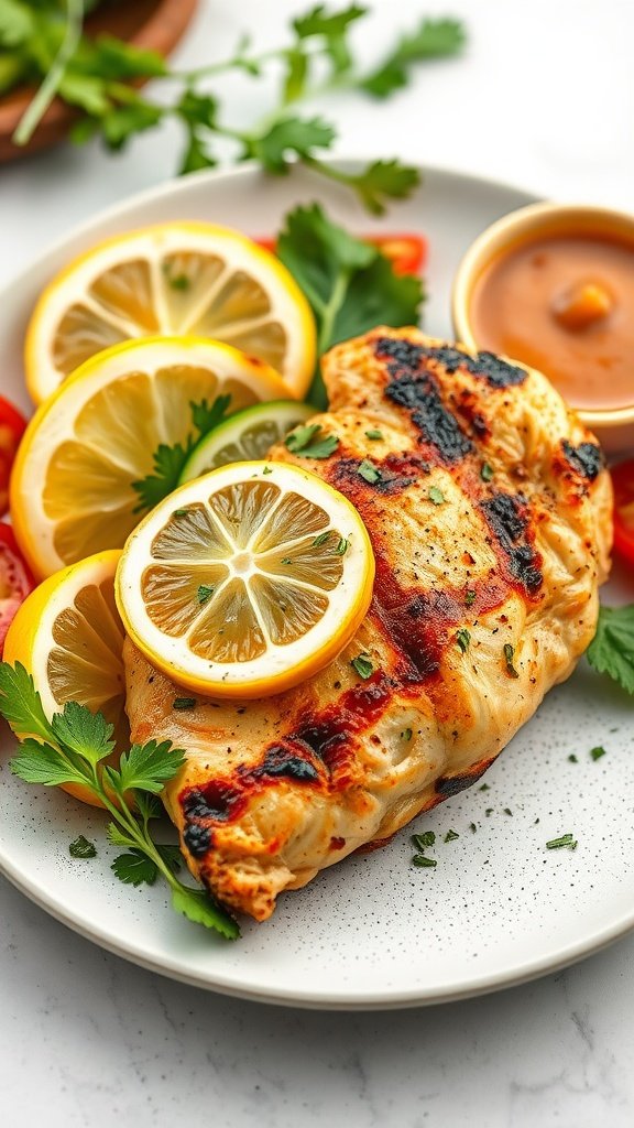 Grilled chicken breast garnished with lemon slices and herbs