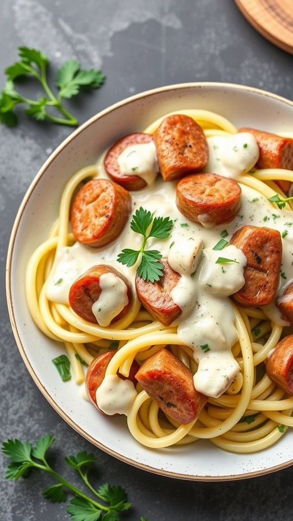 Zucchini noodles topped with kalbasa in creamy Alfredo sauce