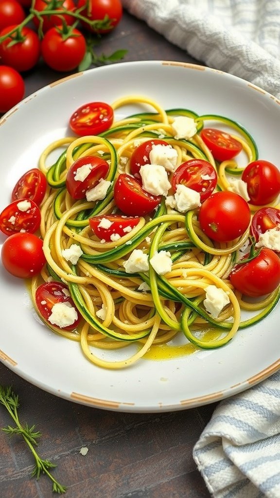 A plate of zucchini noodles topped with cherry tomatoes and feta cheese.