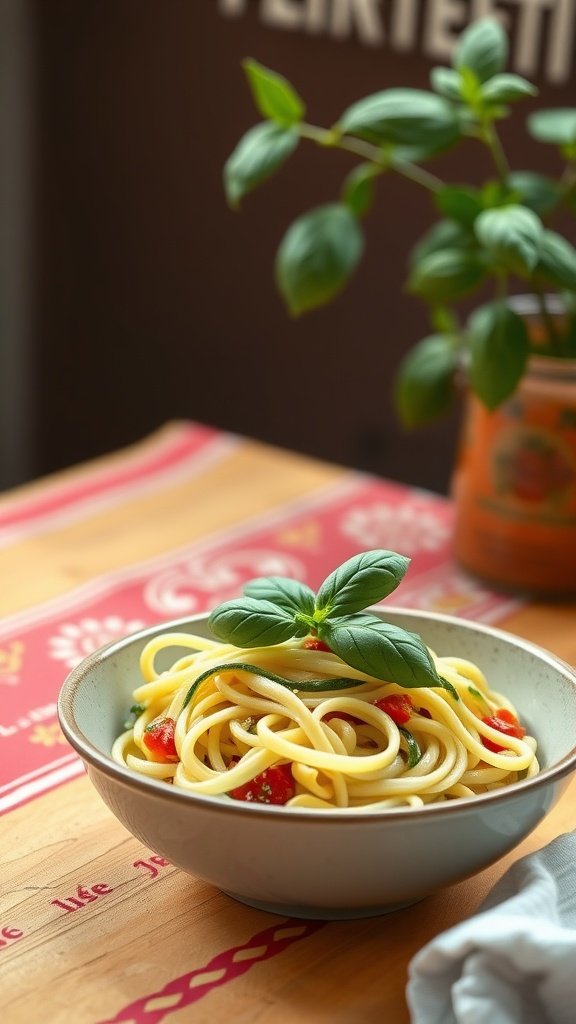 A bowl of zucchini noodles topped with marinara sauce and fresh basil.