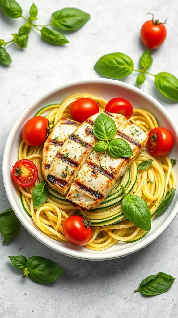 A bowl of zucchini noodles topped with grilled chicken and cherry tomatoes, garnished with basil.